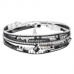 Bracelet multitours ATLANTA argent - Cordons noir & Hématites - DORIANE Bijoux