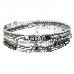 Bracelet multitours ATLANTA argent - Cordons vert kaki & Hématites - DORIANE Bijoux