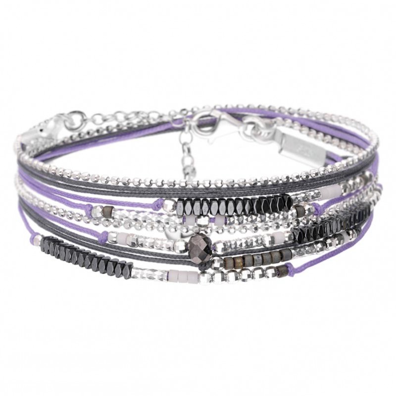 Bracelet multitours ATLANTA argent - Cordons violet gris & Hématites - DORIANE Bijoux