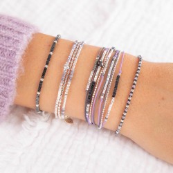 Bracelet 2 tours ATLANTA argent, Cordons violet gris foncé & Hématites