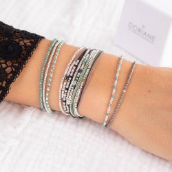 Bracelet fin élastiqué MAYOTTE argent - Perles vert bronze irisé TAILLE M