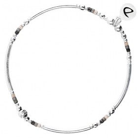 Bracelet fin élastiqué PORTO-VECCHIO argent - Tubes & Perles beige gris - DORIANE Bijoux