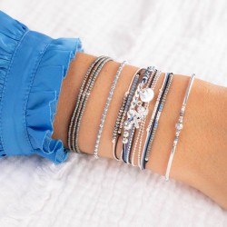 Bracelet fin élastiqué PORTO-VECCHIO argent -Tubes & Perles bleu gris TAILLE S