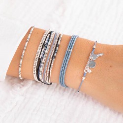 Bracelet 3 tours élastiqué Argent & Perles Miyuki gris bleu mat TAILLE S