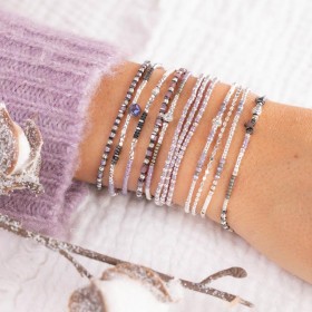 Bracelet fin élastiqué JAVA argent, Perles en Miyuki blanc gris violet  TAILLE M