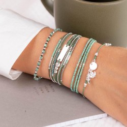 Bracelet fin élastiqué - Perles argent Miyuki carré vert & Hématites TAILLE M