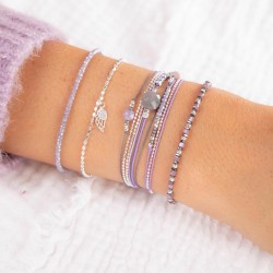 Bracelet fin élastiqué - Perles argent Miyuki carré violet & Hématites TAILLE M