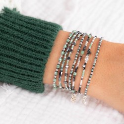 Bracelet fin élastiqué - Perles argent Miyuki carré vert & Hématites TAILLE M