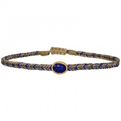 Bracelet fin cordon STONE - Liens tressés beige bleu & Lapis Lazuli ovale - LeJu London