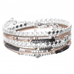 Bracelet 2 tours MOOREA argent, Maille plate Cordons beige & Hématites DORIANE