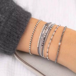 Bracelet fin élastiqué - Perles argent Miyuki carré gris & Hématites TAILLE S