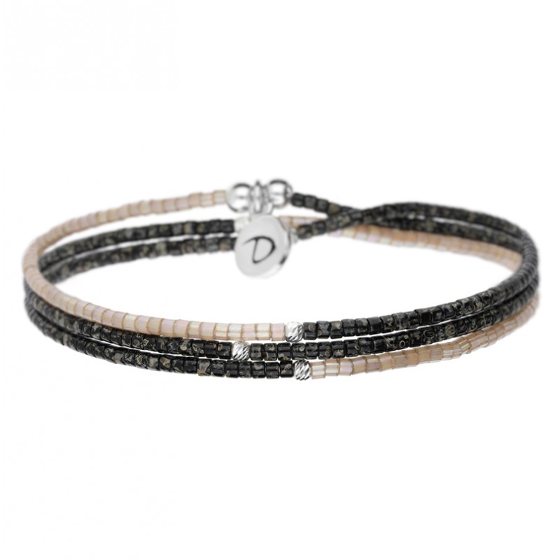 Bracelet 3 tours élastique Asymétrique Argent - Beige Noir tacheté DORIANE BIJOUX