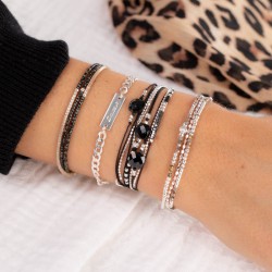 Bracelet 3 tours élastique Asymétrique Argent - Beige Noir tacheté TAILLE M