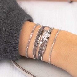 Bracelet élastique fin GRIS - Perle argent & Perles tourterelles TAILLE M
