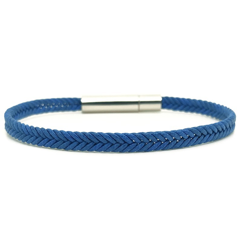 Bracelet fin Mixte galbé métal & coton ciré tressé Bleu de France