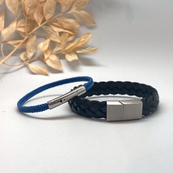 Bracelet fin Mixte galbé métal & coton ciré tressé Bleu de France TAILLE L