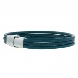 Bracelet jonc multirangs homme - 3 liens cuir rond bleu canard LOOP AND CO