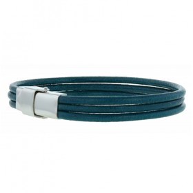 Bracelet jonc multirangs homme - 3 liens cuir rond bleu canard LOOP AND CO