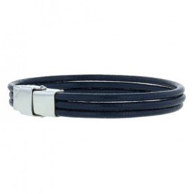 Bracelet jonc multirangs homme - Cuir bleu marine & Fermoir métal LOOP AND CO