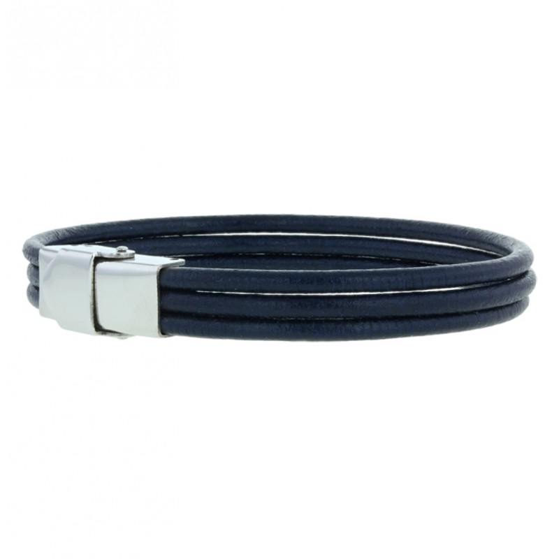 Bracelet jonc multirangs homme - Cuir bleu marine & Fermoir métal LOOP AND CO