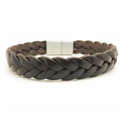 Bracelet jonc large homme - Cuir tressé plat marron & boucle métal - LOOP AND CO