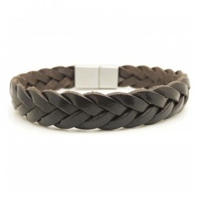 Bracelet jonc large homme - Cuir tressé plat marron & boucle métal - LOOP AND CO