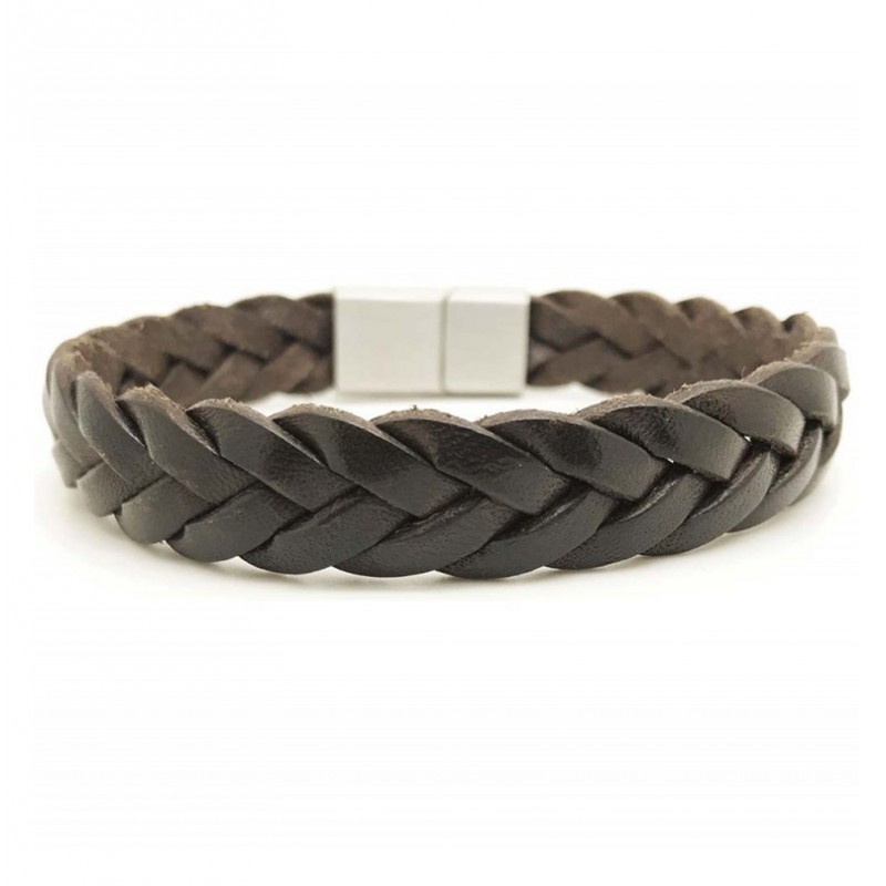 Bracelet jonc large homme - Cuir tressé plat marron & boucle métal - LOOP AND CO