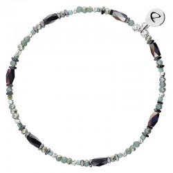 Bracelet fin élastiqué WELIGAMA argent - Perles tubes noir & Perles en Miyuki turquoise - DORIANE Bijoux