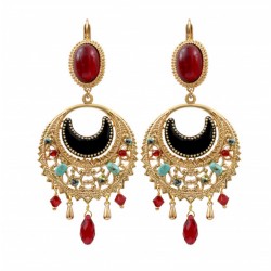 Boucles d'oreilles pendantes AMELITA Or - Cabochon rouge & Perles de cristal - SATELLITE