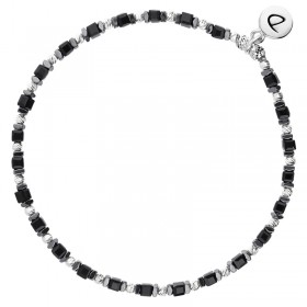 Bracelet fin élastiqué - Perles argent Miyuki carré noir & Hématites DORIANE BIJOUX