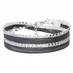 Bracelet multitours OSLO argent - Cordons gris foncé & Chaînes diamantées