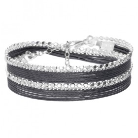 Bracelet multitours OSLO argent - Cordons gris foncé & Chaînes diamantées