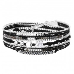 Bracelet TRIPLE TOURS argent, cordons noirs & Oxyde 5 mm - DORIANE Bijoux