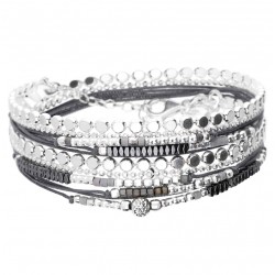 Bracelet 2 tours MOOREA argent, Maille plate Cordons gris & Hématites - DORIANE Bijoux