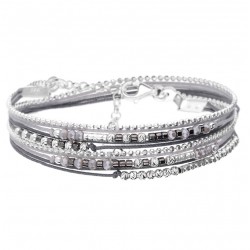 Bracelet FORMOSA 2 TOURS argent - cordons & perles grises