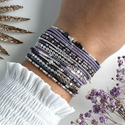 Bracelet élastiqué ALASSIO argent, Perles Miyuki gris violet & Etoiles TAILLE M