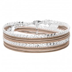 Bracelet multitours OSLO argent - Cordons beige choco & Chaînes diamantées
