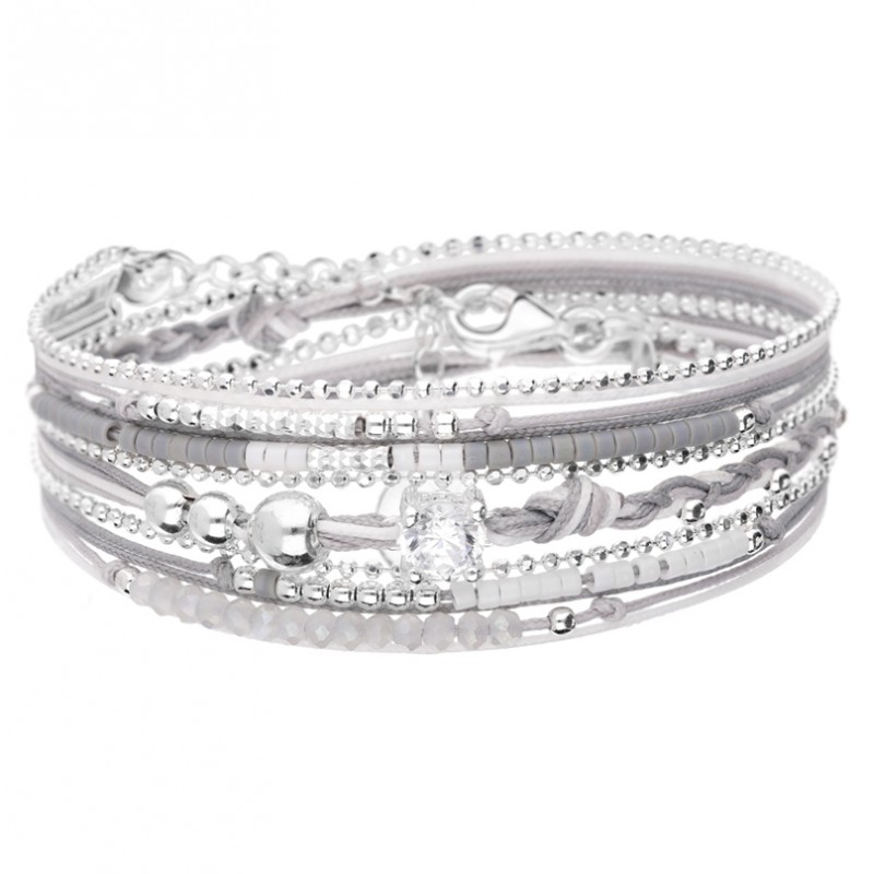 Bracelet TRIPLE TOURS argent, cordons gris blancs & Oxyde 5 mm DORIANE BIJOUX