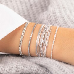 Bracelet TRIPLE TOURS argent, cordons gris blancs & Oxyde 5 mm