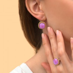 Boucles d'oreilles dormeuses LOUISE Or, Cabochon carré & Cristaux violet