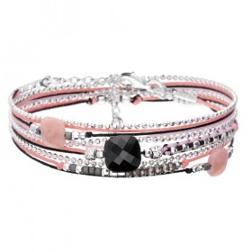 Bracelet multitours VIRTUOSE argent corail - Opalines roses & Onyx noir - DORIANE Bijoux