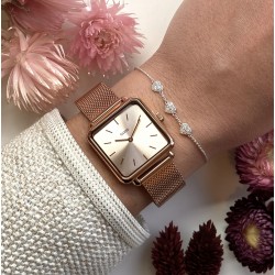 Montre Tétragone, couleur or rose, cadran carré & bracelet milanais