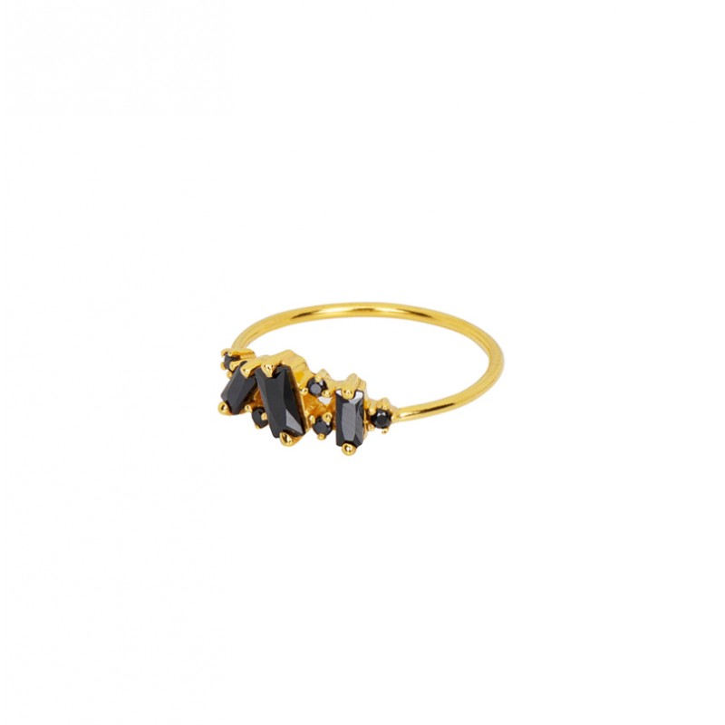 Bague fine CRYSTAL Or & Multi baguettes de cristaux noirs UNE A UNE