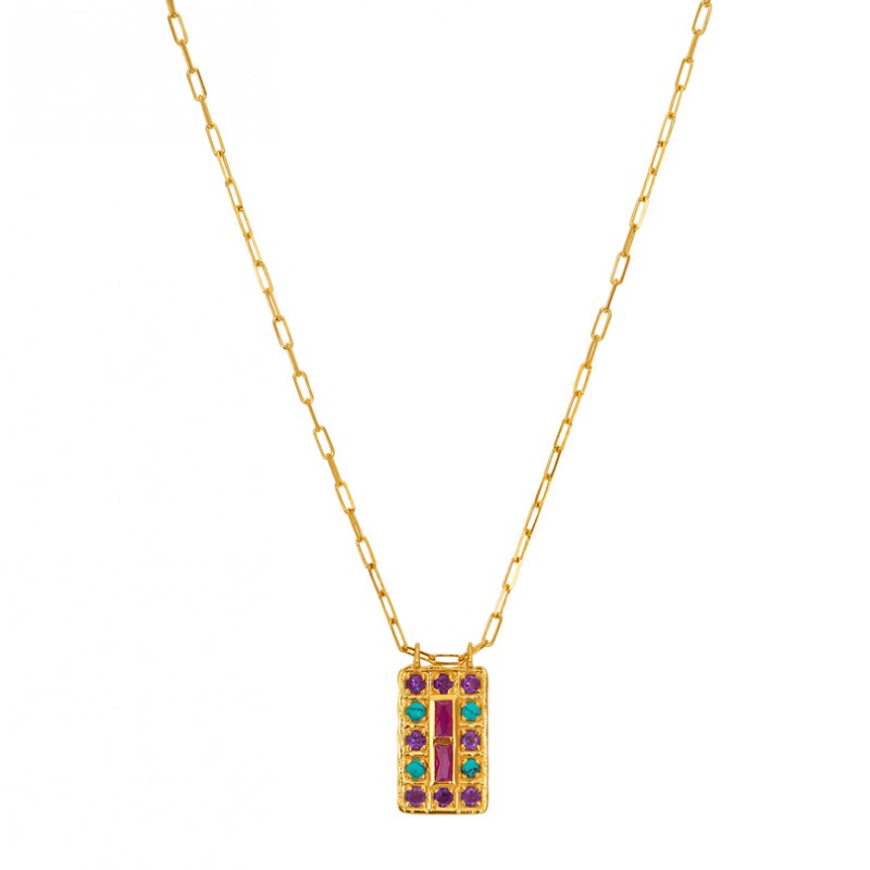 Collier mi-long BOLIVIA RUBIS Or - Chaîne & Pendentif plaque multicolore - Une à Une