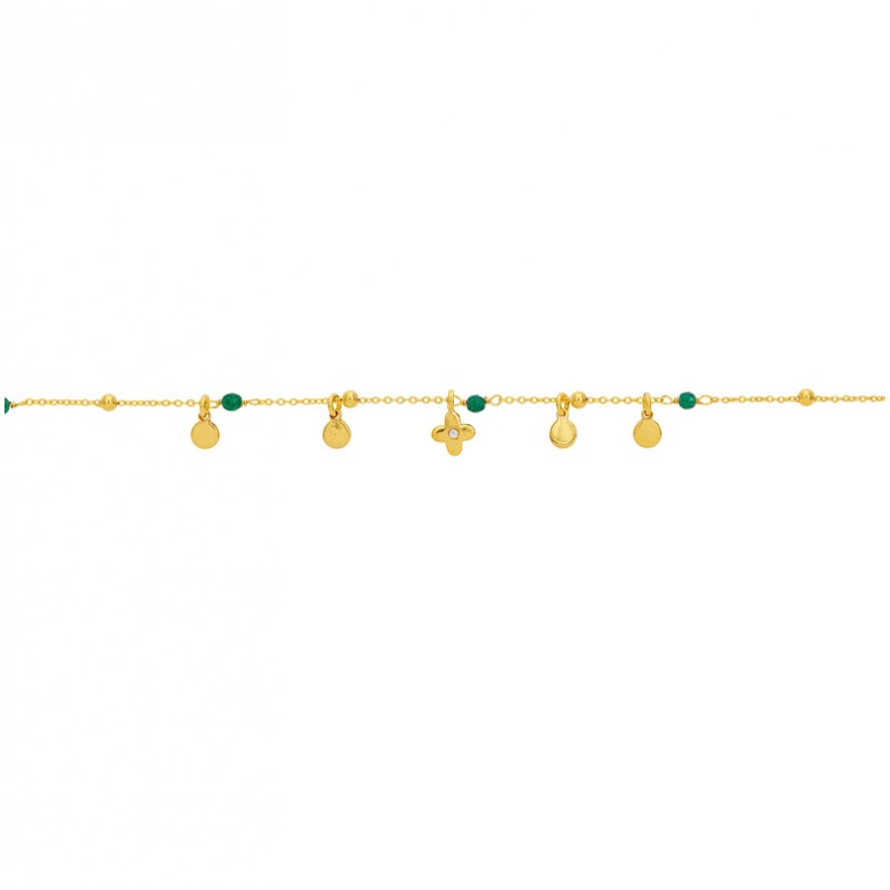 Bracelet chaîne fine GOA CHARM Or - Billes, Pierres émeraude, pampilles & Trèfle zircon - Une à Une