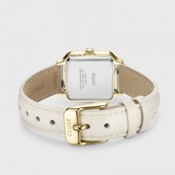 Montre Gracieuse petite, or, cadran carré blanc & bracelet cuir crème