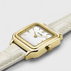 Montre Gracieuse petite, or, cadran carré blanc & bracelet cuir crème