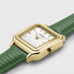 Montre Gracieuse petite, couleur or, cadran carré blanc & bracelet cuir vert