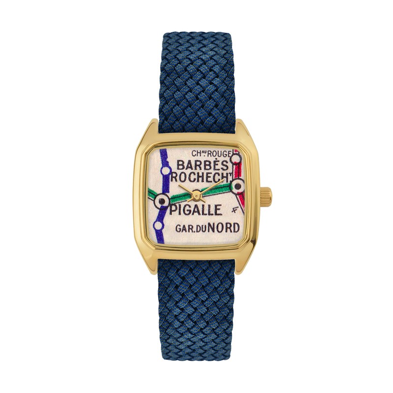 Montre PRIMA BARBES cadran carré doré & bracelet tressé bleu LAPS Montre PRIMA BARBES cadran carré doré & bracelet tressé bleu LAPS