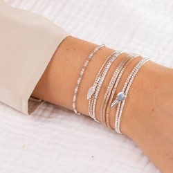 Bracelet fin élastiqué MAYOTTE argent - Perles marron beige irisé TAILLE M